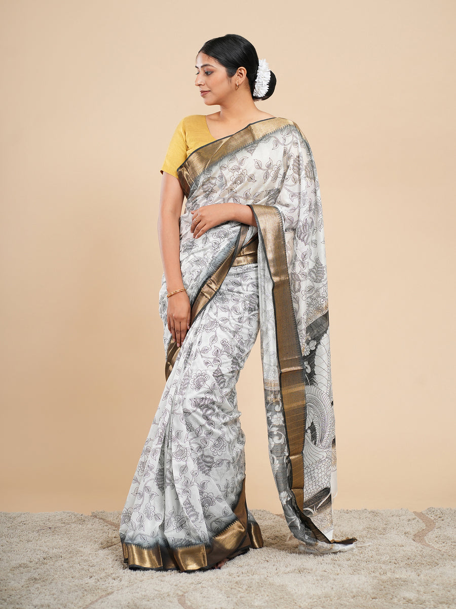 White Vegan Silk pencil Kalamkari-print saree, border detail – Koshnika
