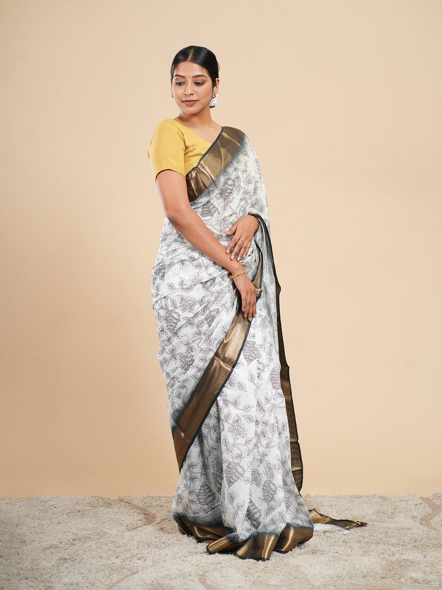 White Vegan Silk pencil Kalamkari-print saree, drape and fall – Koshnika