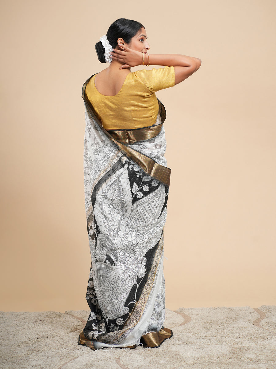 White Vegan Silk pencil Kalamkari-print saree, fine line-art motif close-up – Koshnika