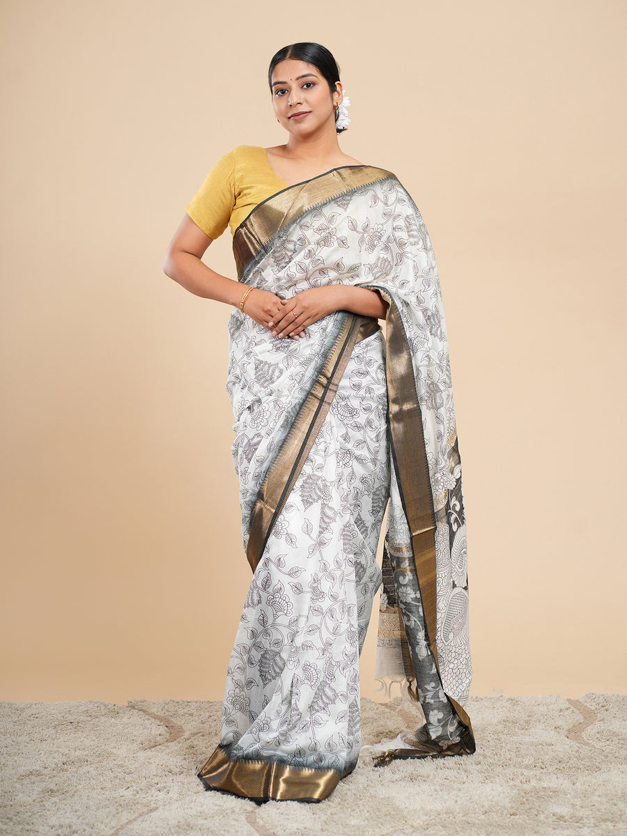 White Vegan Silk pencil Kalamkari-print saree, full-length drape – Koshnika
