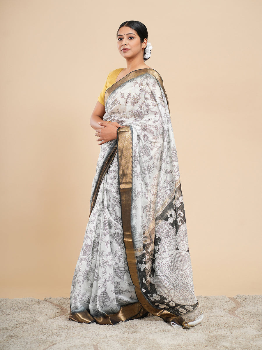 White Vegan Silk pencil Kalamkari-print saree, pallu detail – Koshnika