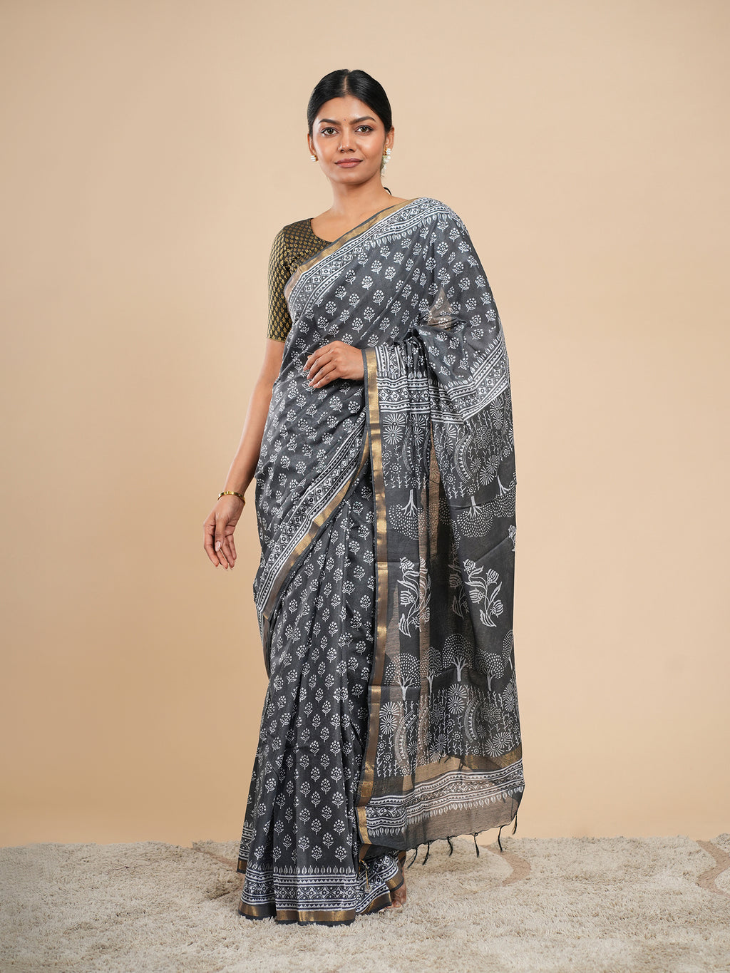 Viscose Chanderi Block Print Saree Charcoal Grey