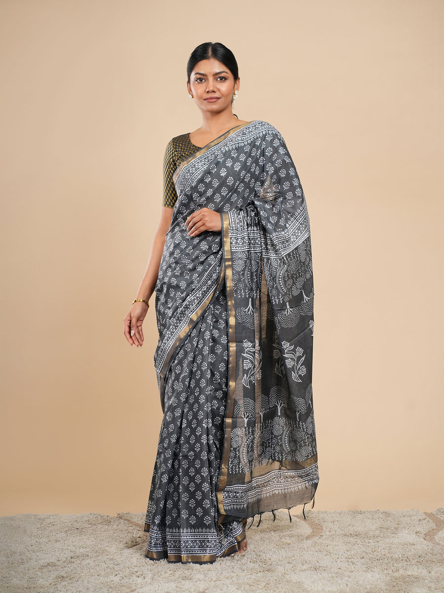 Charcoal grey Chanderi block-print saree – Koshnika
