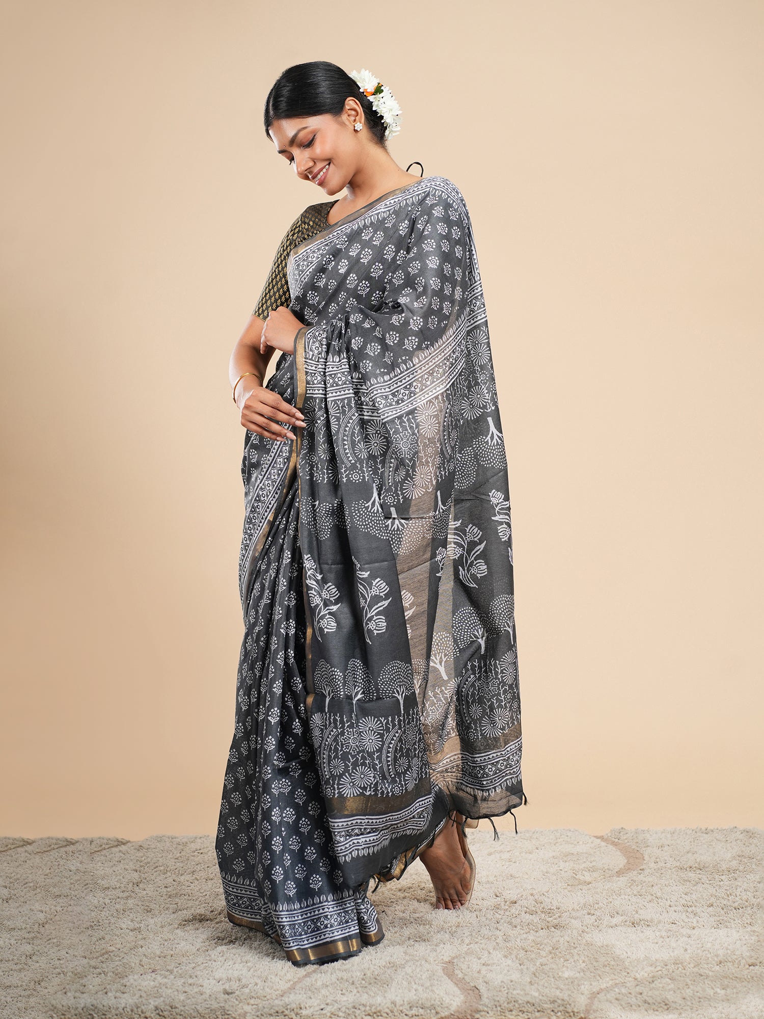 Viscose Chanderi Block Print Saree Charcoal Grey