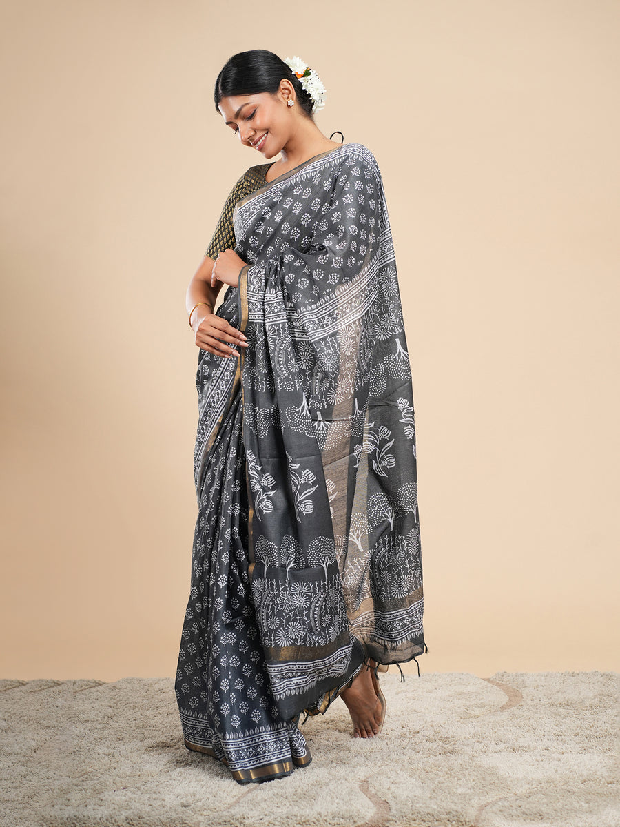 Charcoal grey Chanderi block-print saree, border detail – Koshnika