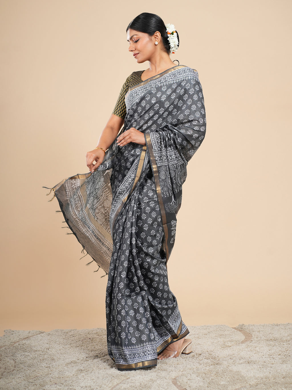 Viscose Chanderi Block Print Saree Charcoal Grey