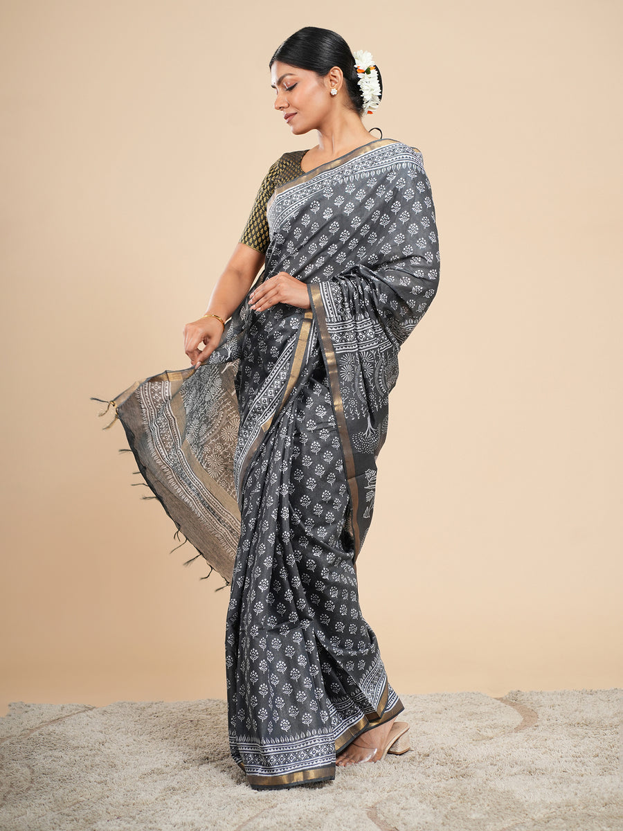Charcoal grey Chanderi block-print saree, drape and fall – Koshnika
