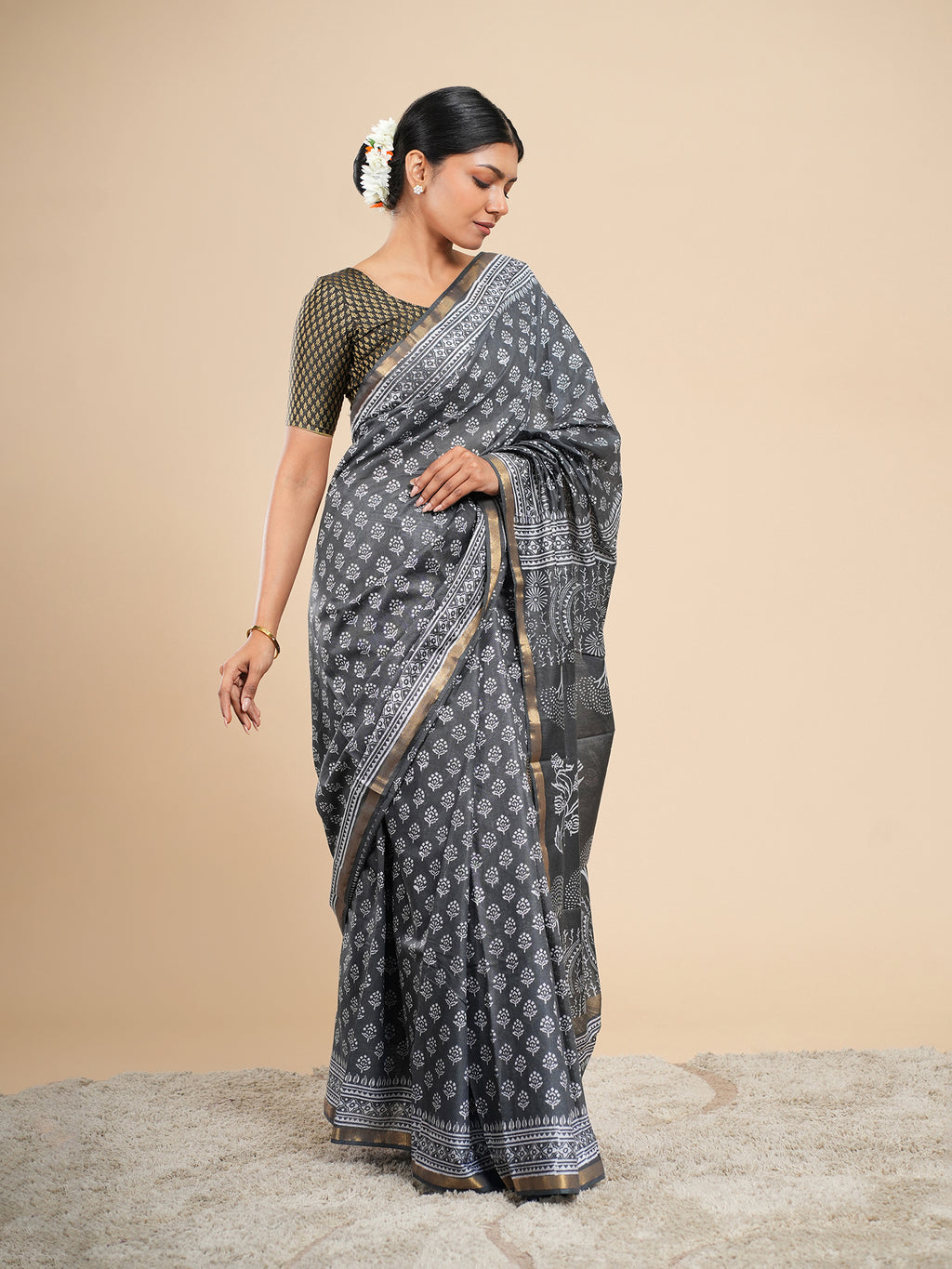 Viscose Chanderi Block Print Saree Charcoal Grey