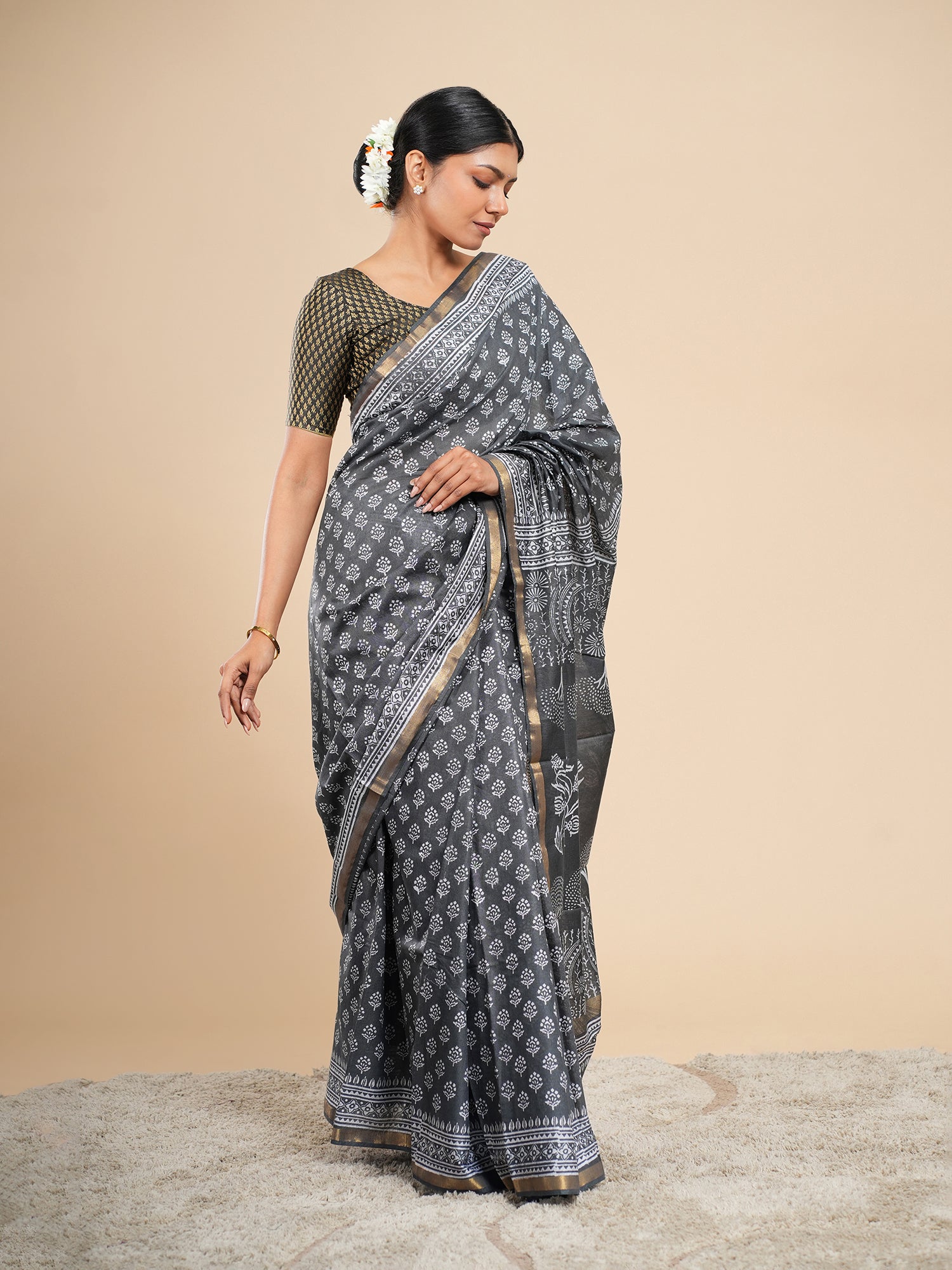 Viscose Chanderi Block Print Saree Charcoal Grey
