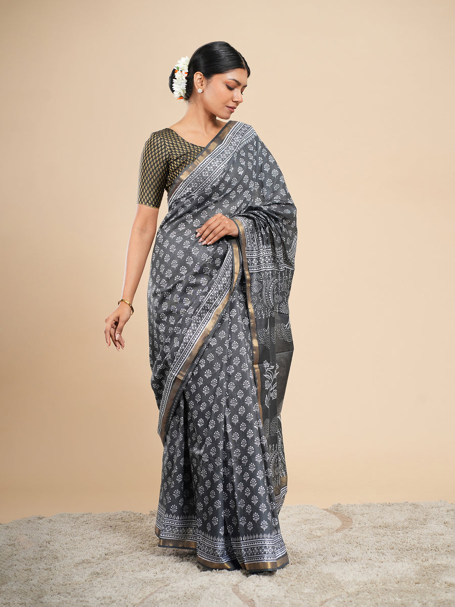 Charcoal grey Chanderi block-print saree, full-length drape – Koshnika