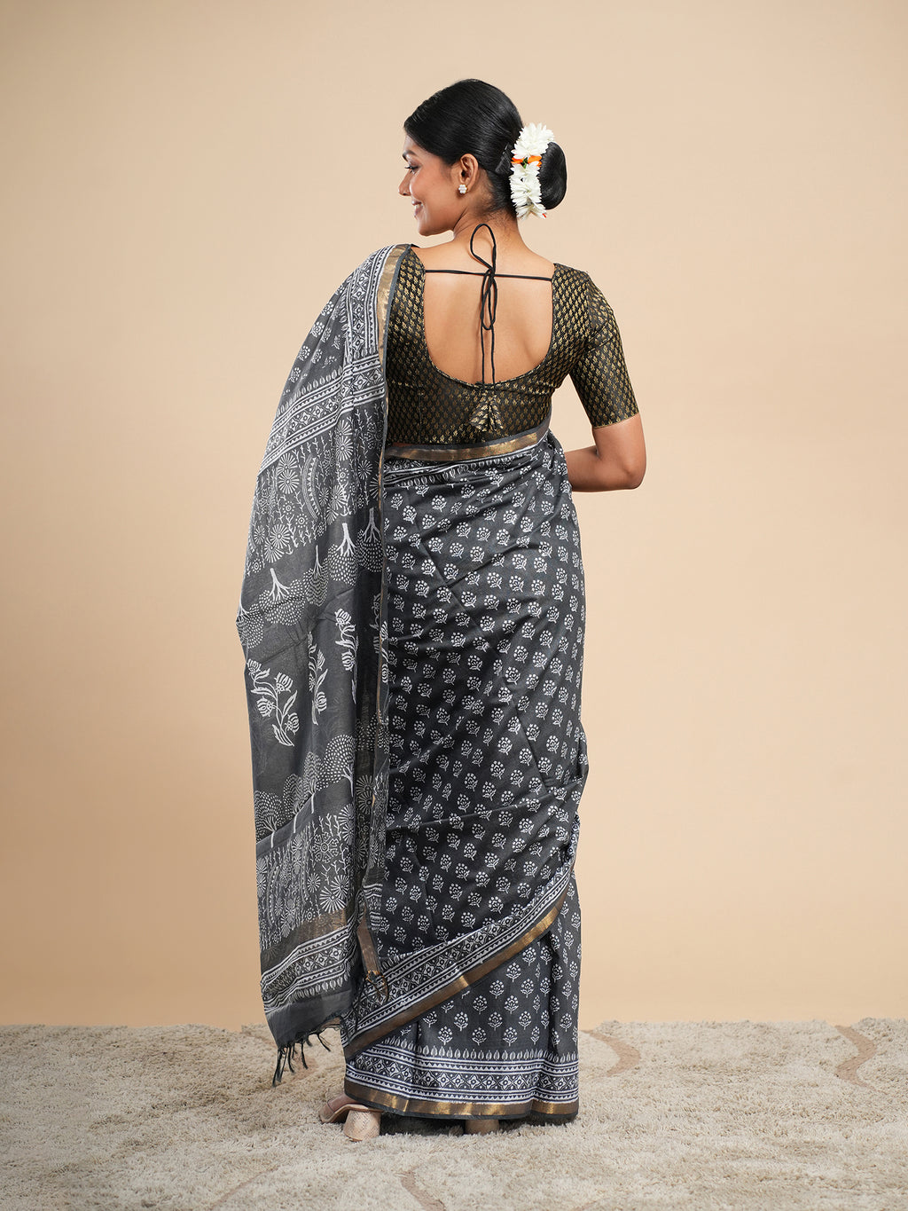 Viscose Chanderi Block Print Saree Charcoal Grey