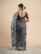 Viscose Chanderi Block Print Saree Charcoal Grey