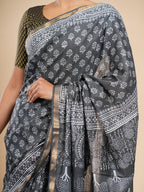 Viscose Chanderi Block Print Saree Charcoal Grey