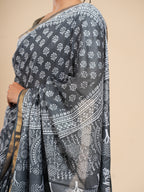Viscose Chanderi Block Print Saree Charcoal Grey