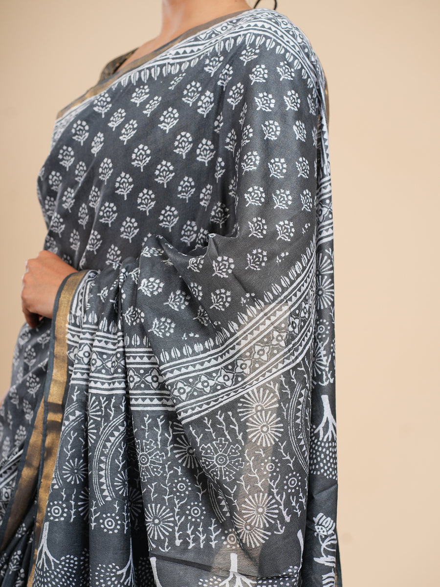 Charcoal grey Chanderi block-print saree, styled view – Koshnika