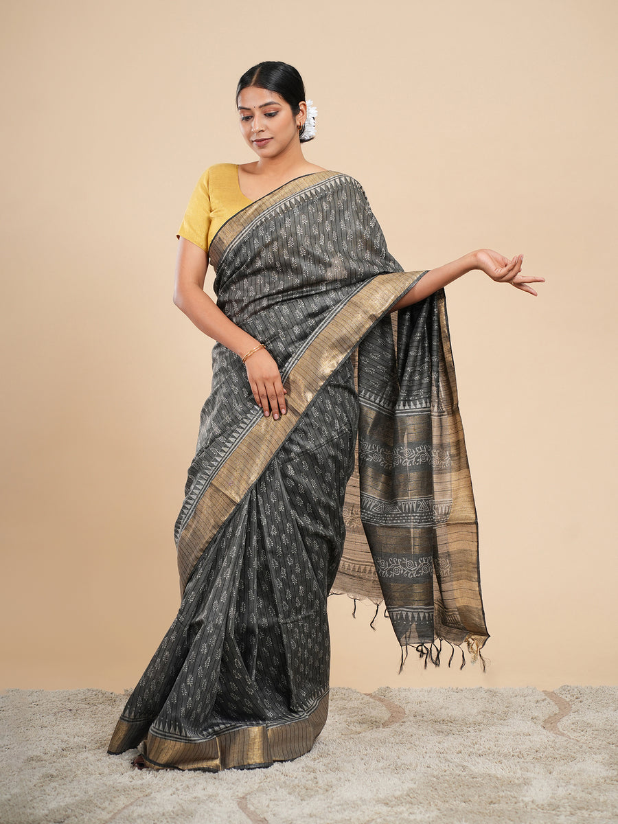 Charcoal grey bamboo silk saree, zari border – Koshnika