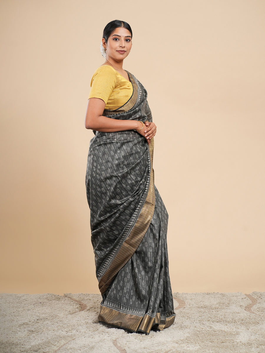 Charcoal grey bamboo silk saree, zari border detail – Koshnika
