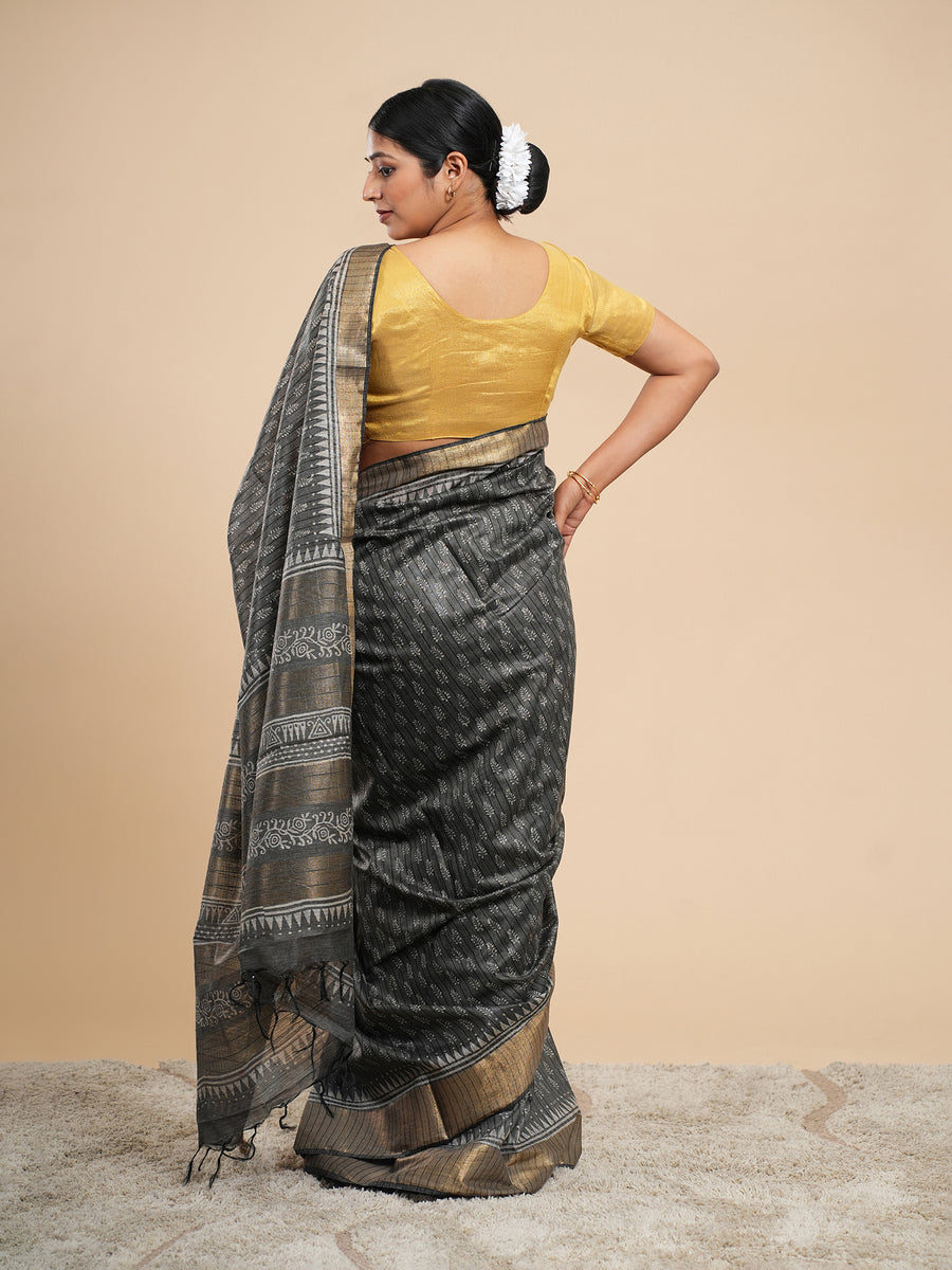 Charcoal grey bamboo silk saree, zari border close-up – Koshnika