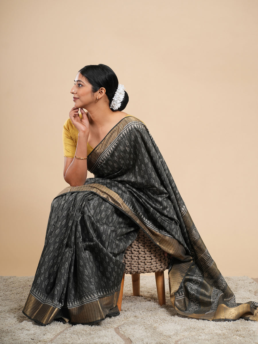 Charcoal grey bamboo silk saree, full-length drape – Koshnika