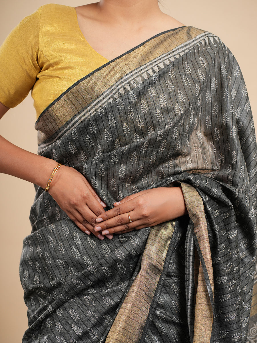 Charcoal grey bamboo silk saree, fabric texture close-up – Koshnika