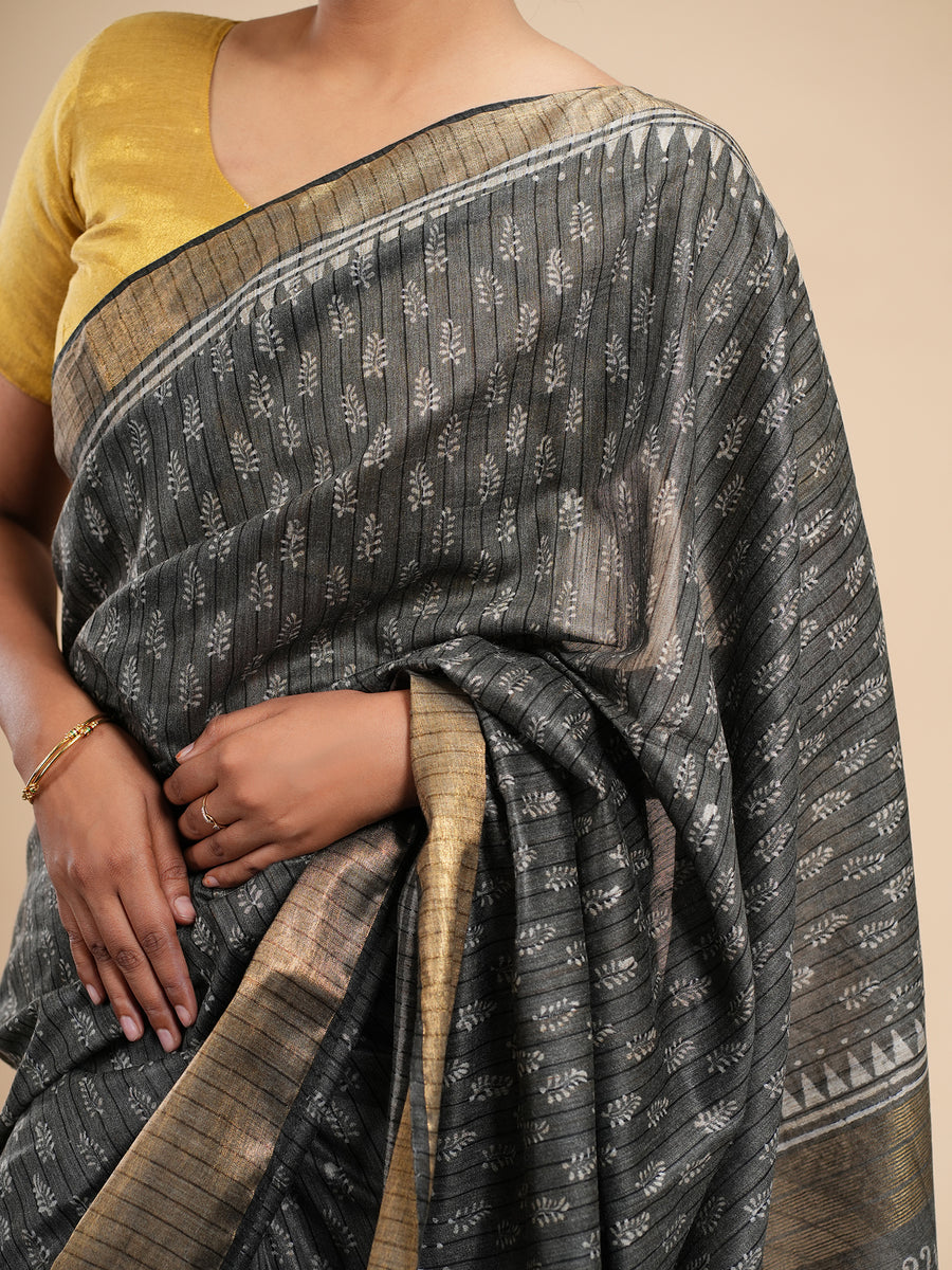 Charcoal grey bamboo silk saree, styled view – Koshnika