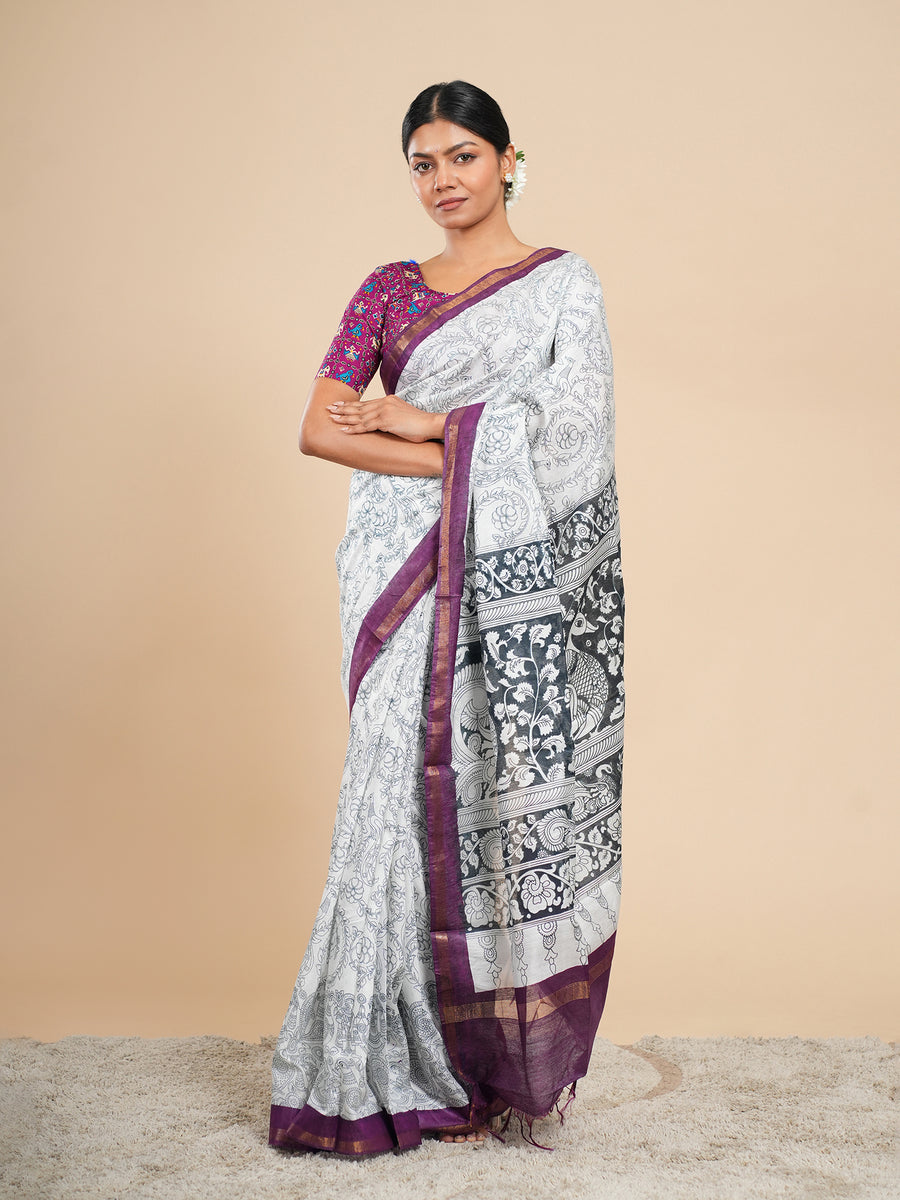 Off-white Chanderi pencil Kalamkari-print saree – Koshnika