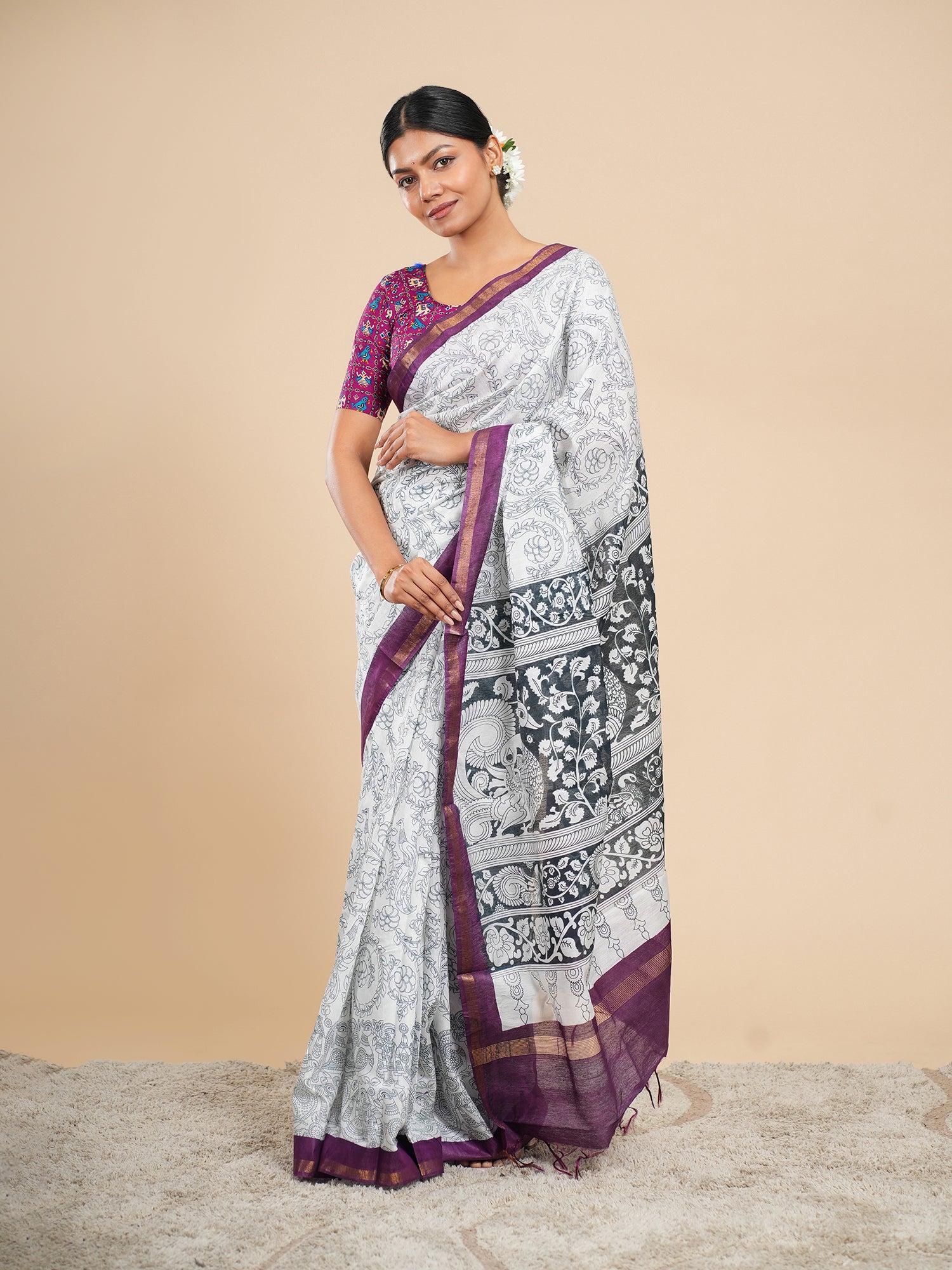 Rithika Viscose Chanderi Pencil Kalamkari Saree Off White
