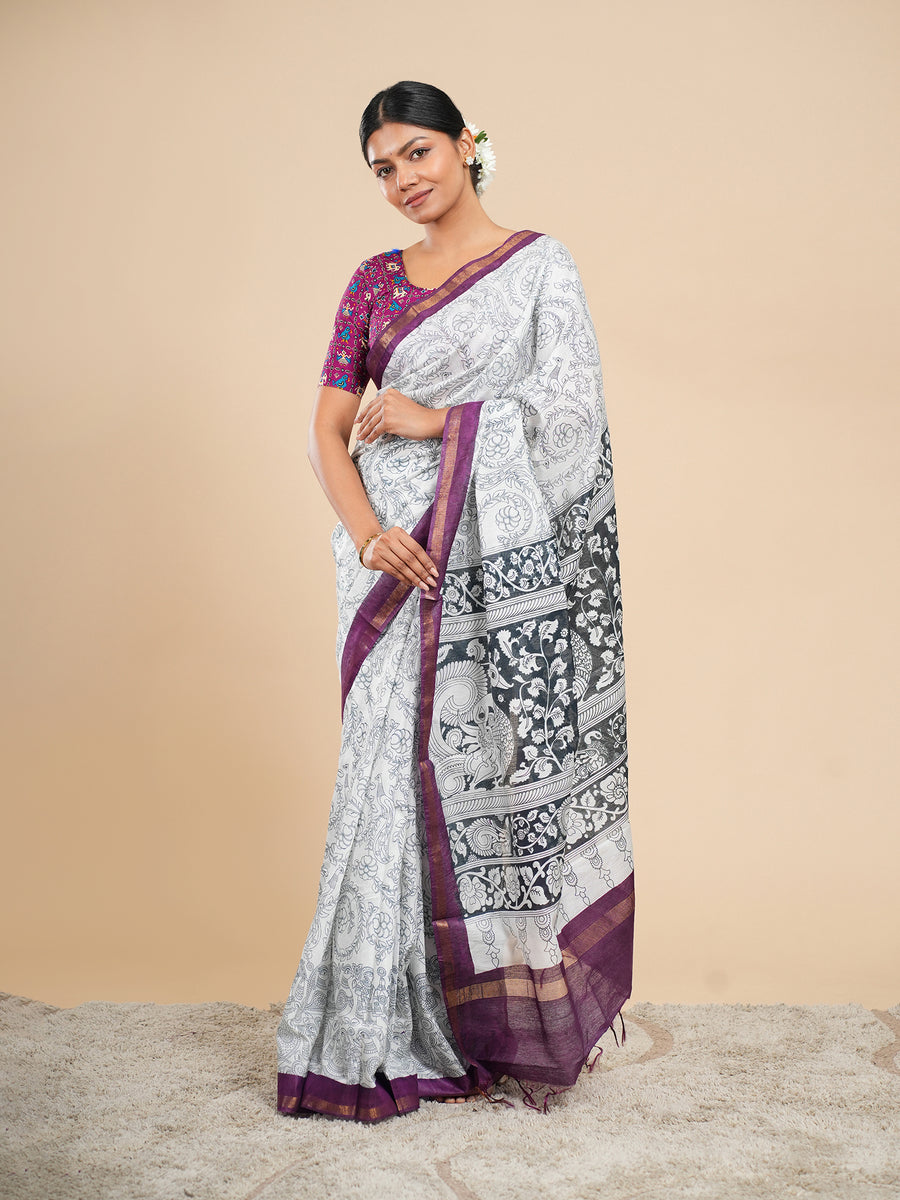 Off-white Chanderi pencil Kalamkari-print saree, border detail – Koshnika
