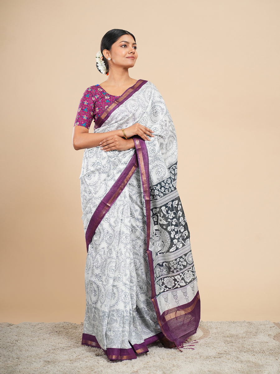 Off-white Chanderi pencil Kalamkari-print saree, drape and fall – Koshnika