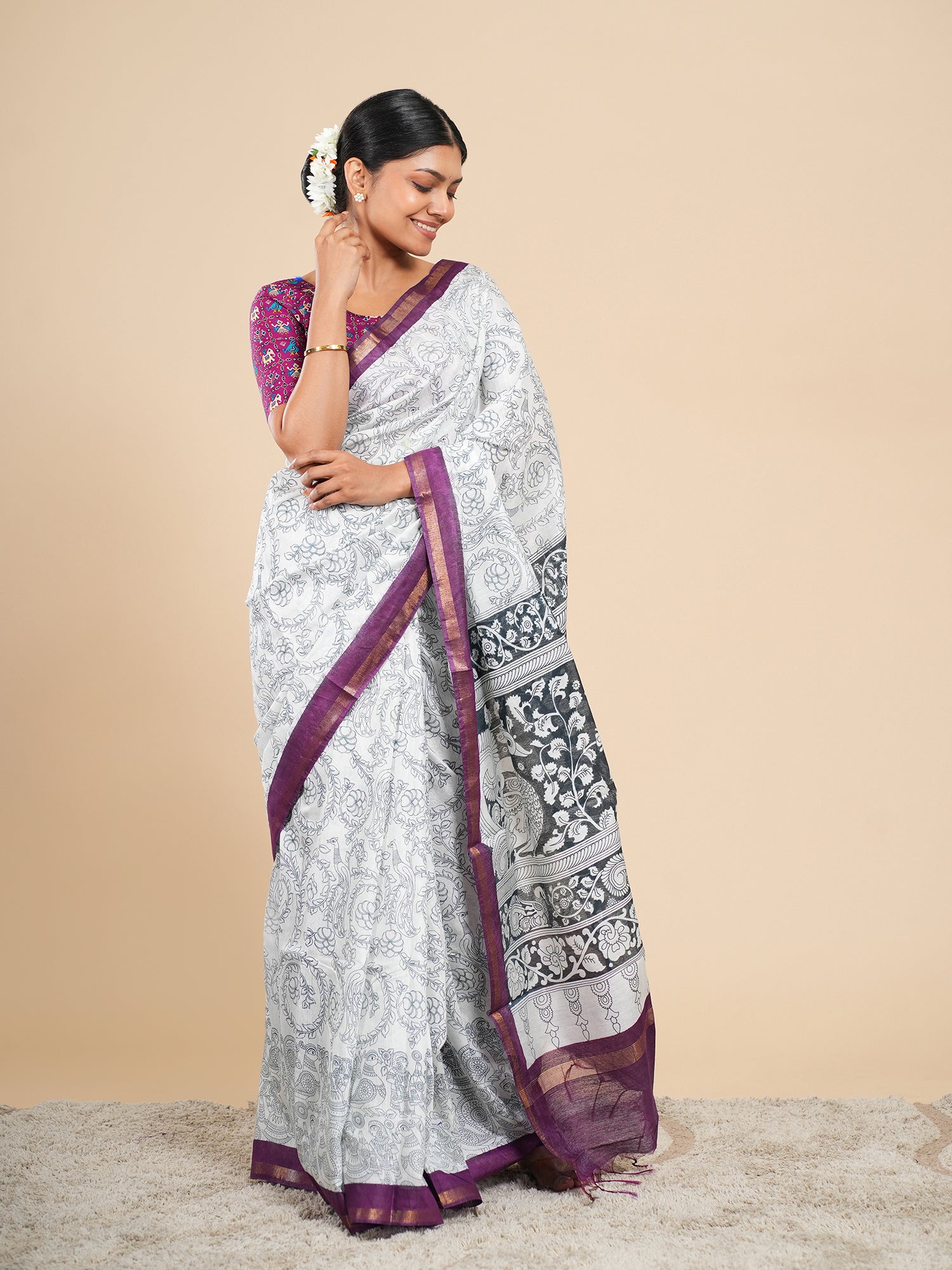 Rithika Viscose Chanderi Pencil Kalamkari Saree Off White