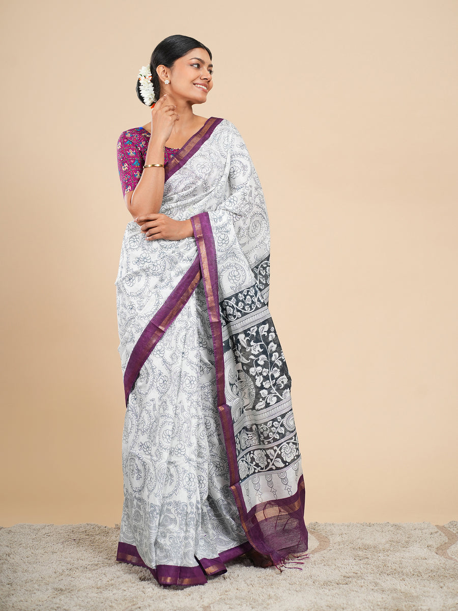 Off-white Chanderi pencil Kalamkari-print saree, full-length drape – Koshnika