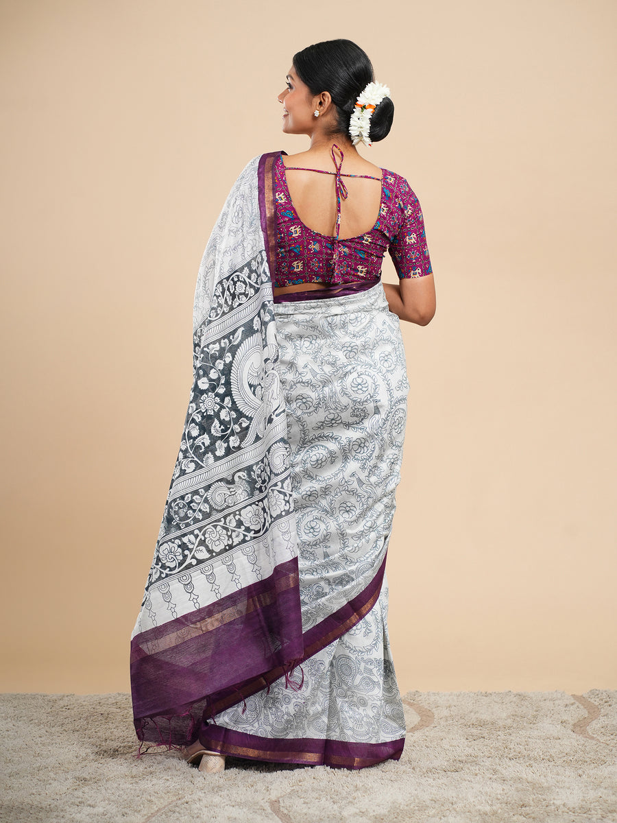 Off-white Chanderi pencil Kalamkari-print saree, pallu detail – Koshnika