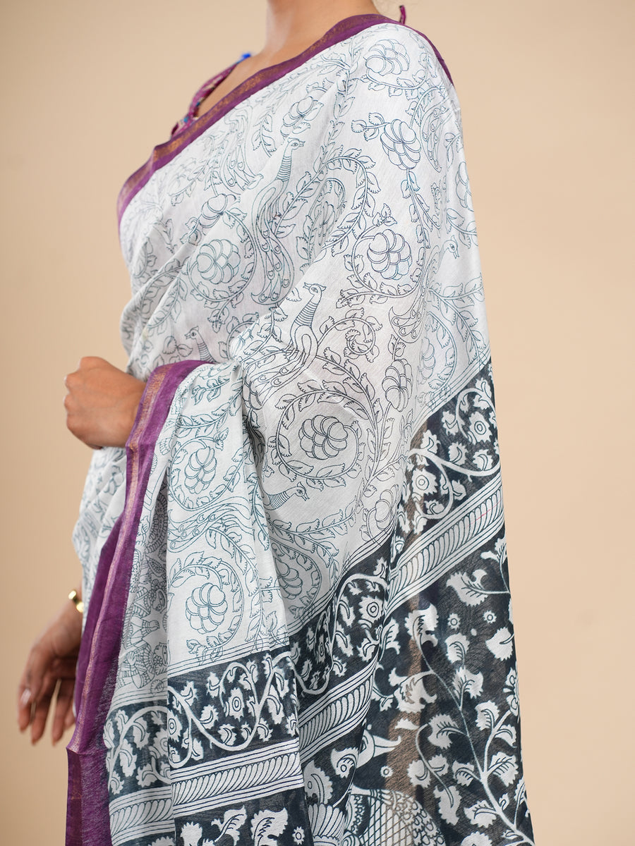 Off-white Chanderi pencil Kalamkari-print saree, styled view – Koshnika