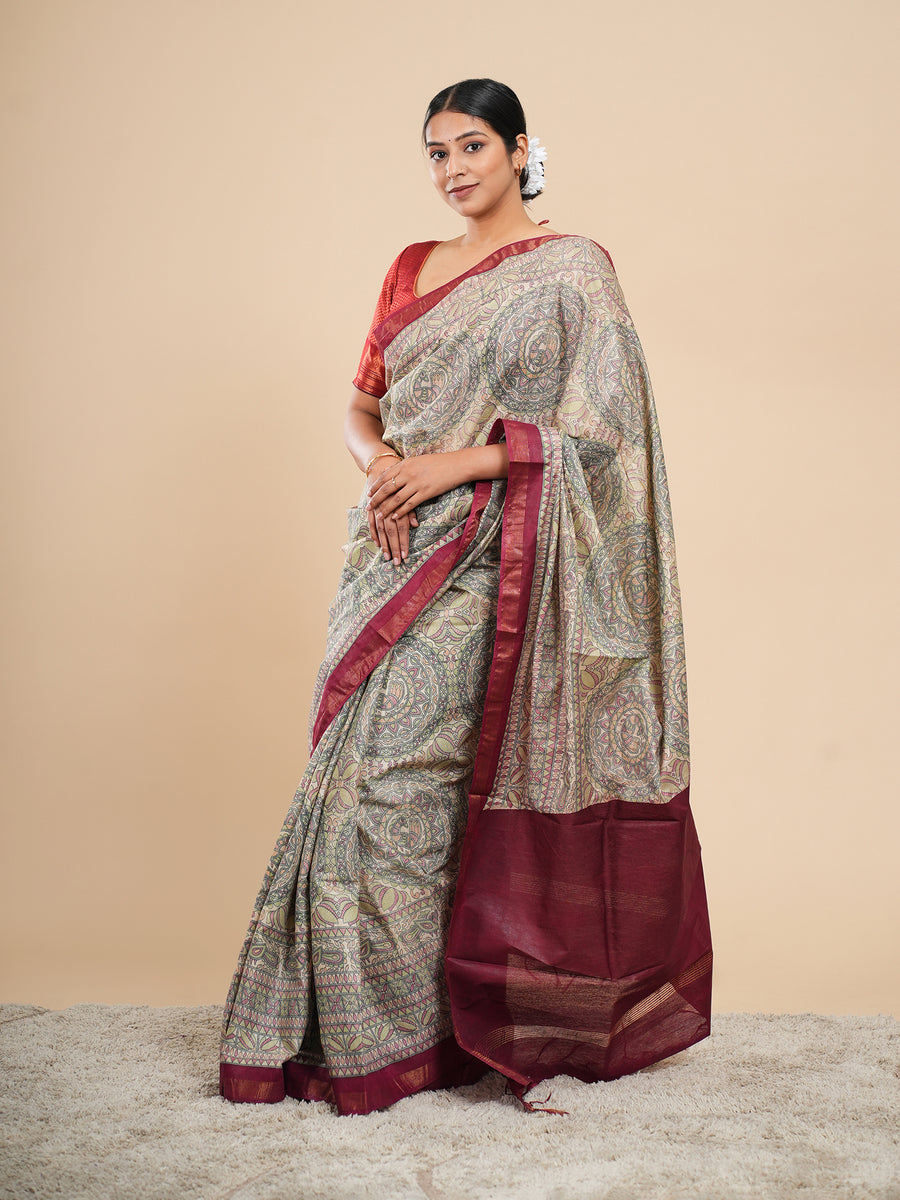 Chanderi Madhubani-print saree, border detail – Koshnika