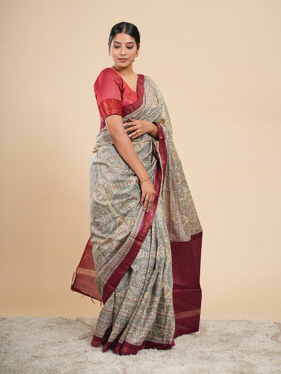 Chanderi Madhubani-print saree, drape and fall – Koshnika