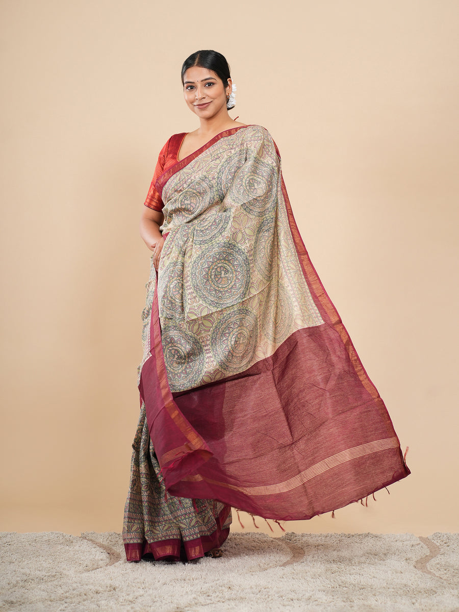 Chanderi Madhubani-print saree, full-length drape – Koshnika