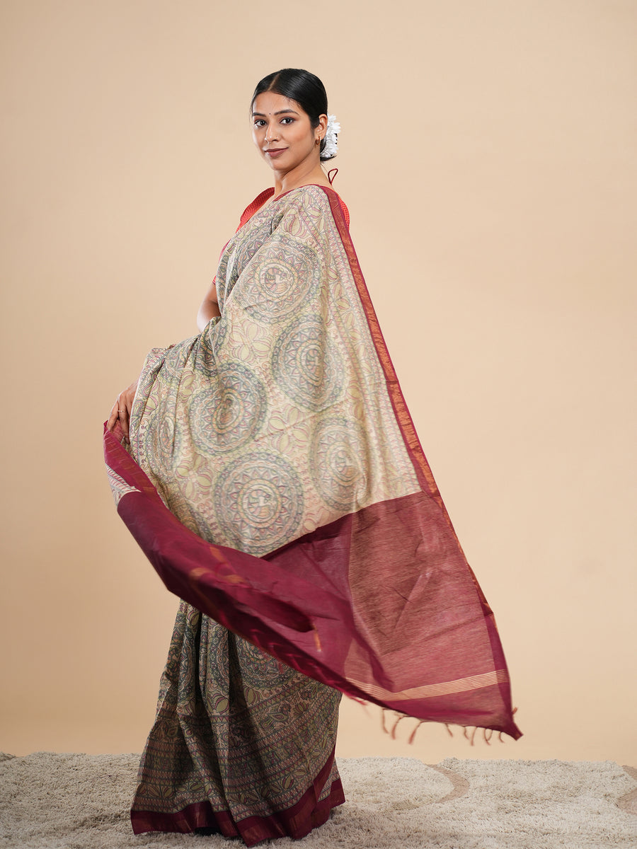 Chanderi Madhubani-print saree, pallu detail – Koshnika