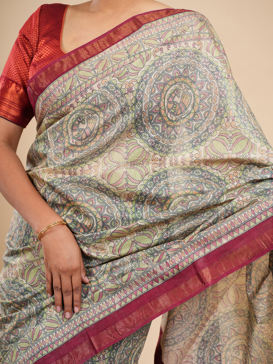 Chanderi Madhubani-print saree, styled view – Koshnika