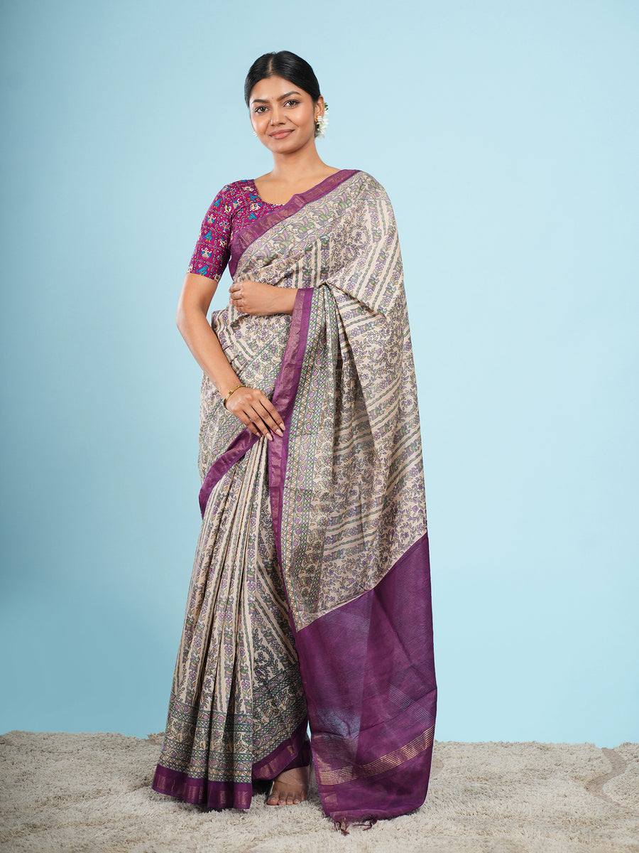 Ivory Chanderi Madhubani-print saree – Koshnika