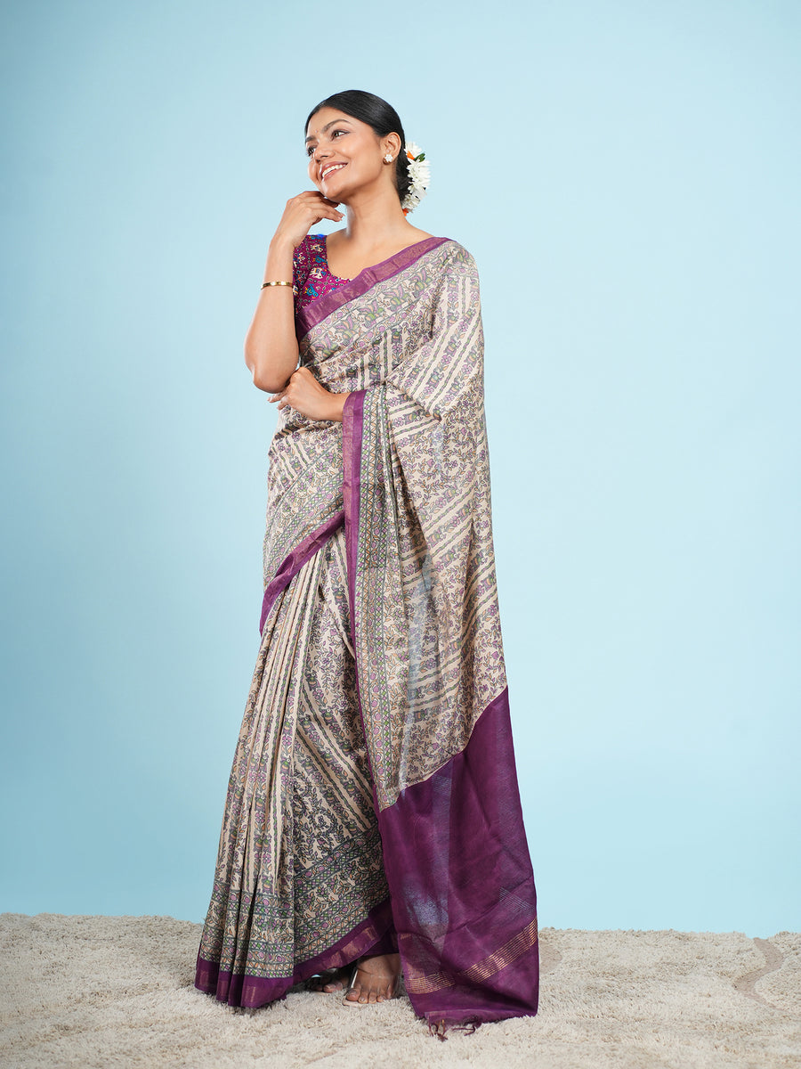 Ivory Chanderi Madhubani-print saree, border detail – Koshnika