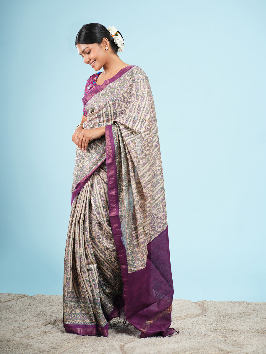 Ivory Chanderi Madhubani-print saree, drape and fall – Koshnika