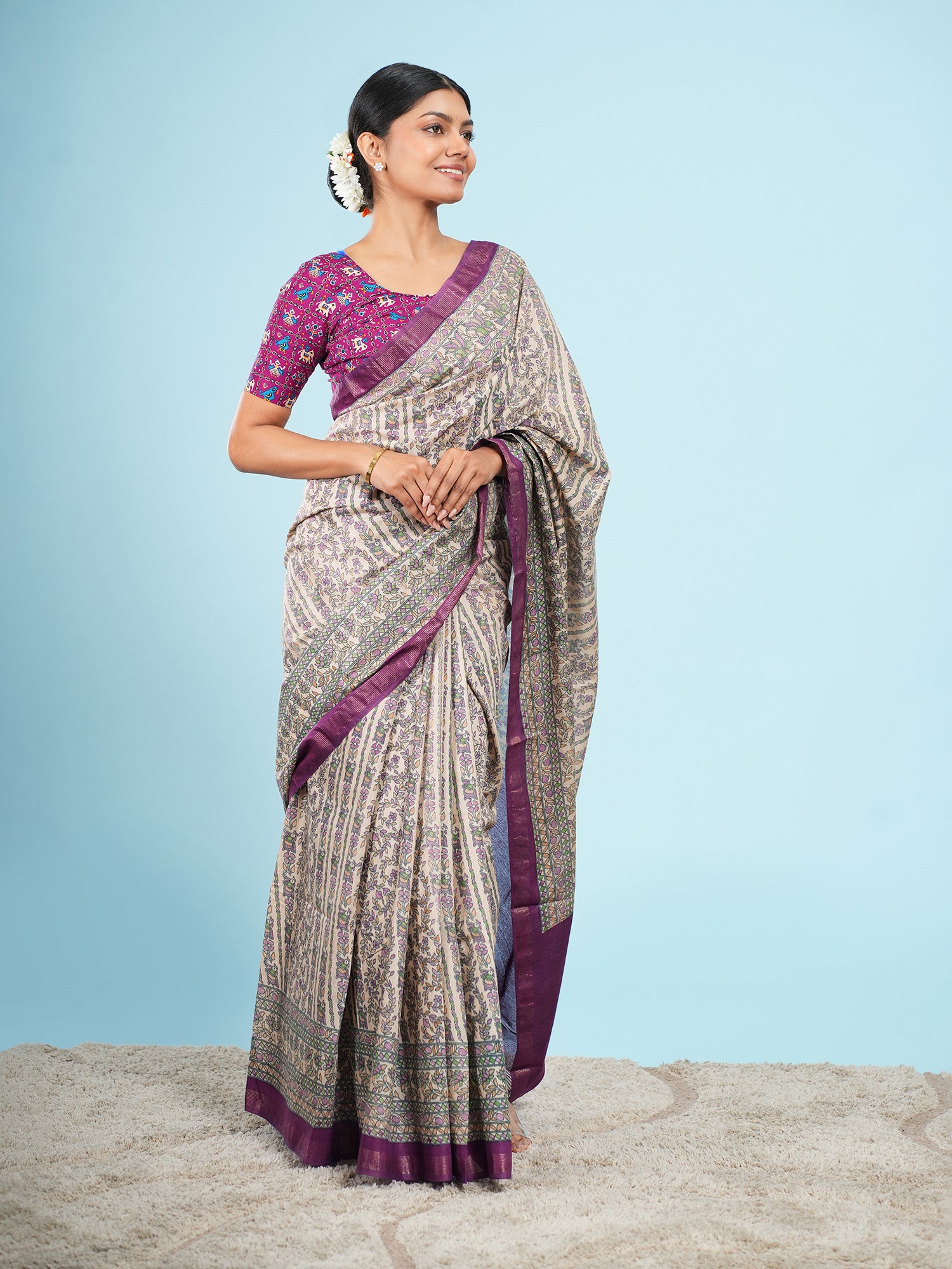 Jhanvi Viscose Chanderi Madhubani Saree Ivory