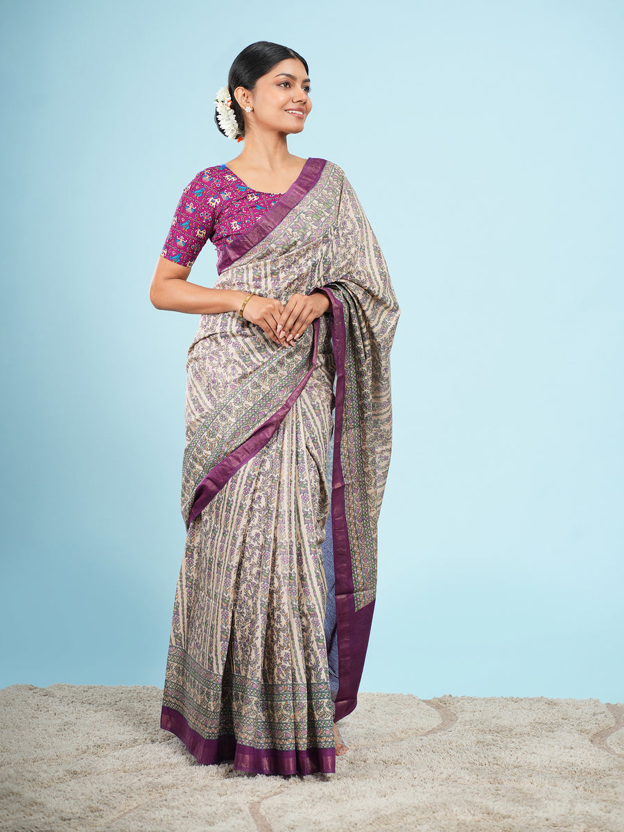 Ivory Chanderi Madhubani-print saree, Madhubani motif close-up – Koshnika