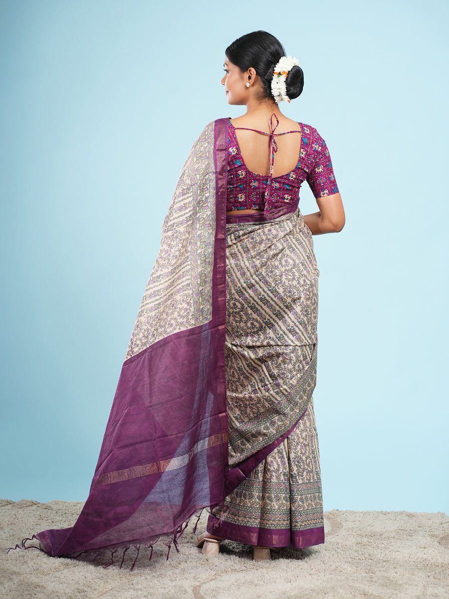 Ivory Chanderi Madhubani-print saree, full-length drape – Koshnika