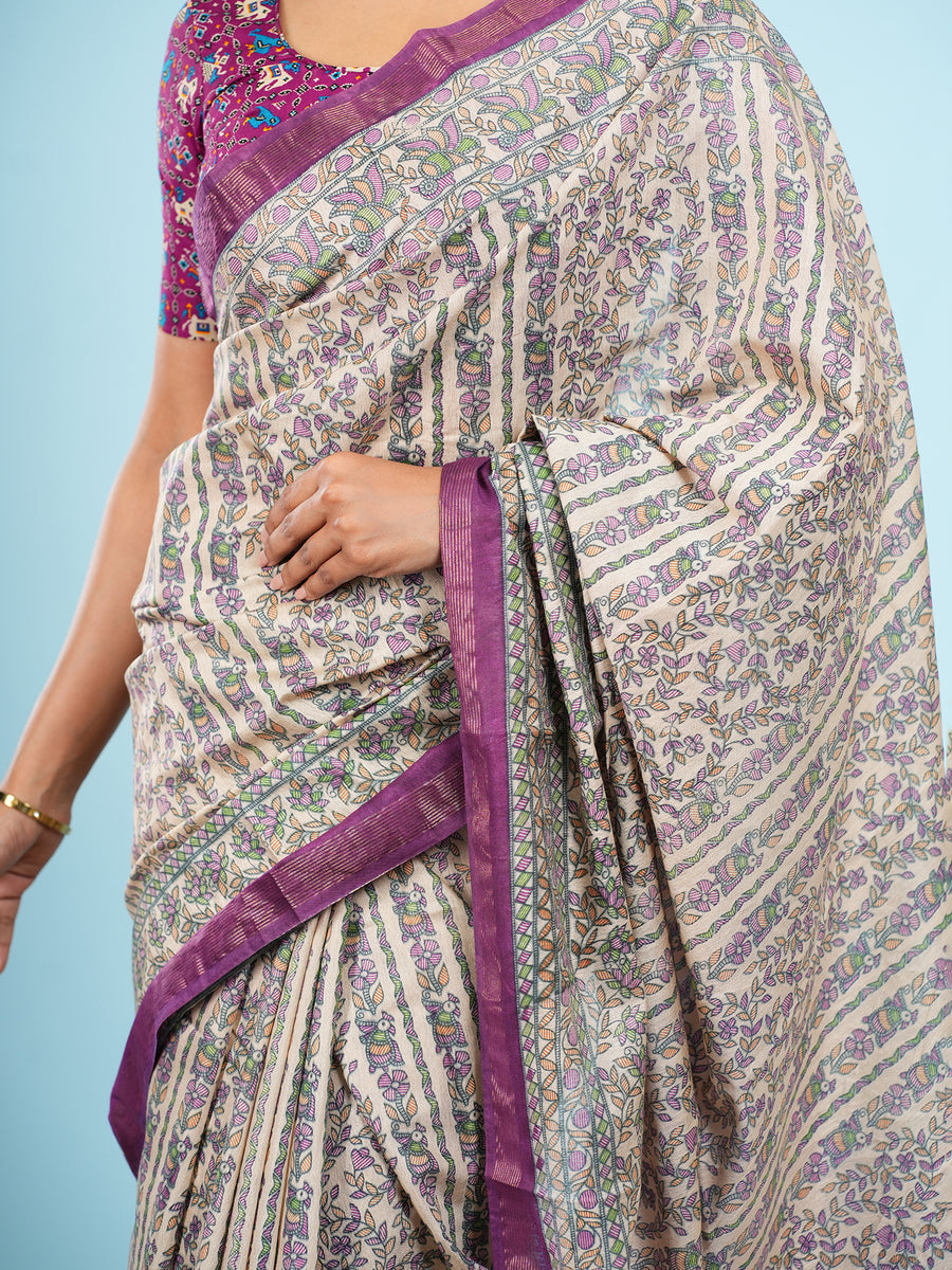 Ivory Chanderi Madhubani-print saree, pallu detail – Koshnika