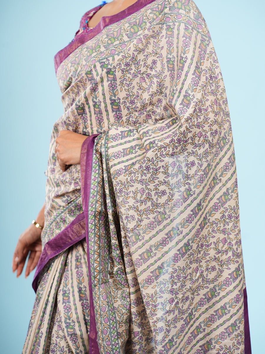 Ivory Chanderi Madhubani-print saree, styled view – Koshnika