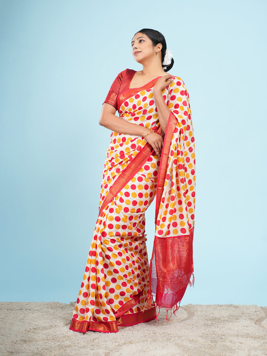 Ivory Vegan Silk polka-dot print saree – Koshnika
