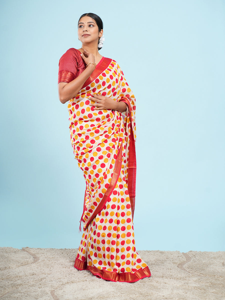 Ivory Vegan Silk polka-dot print saree, border detail – Koshnika