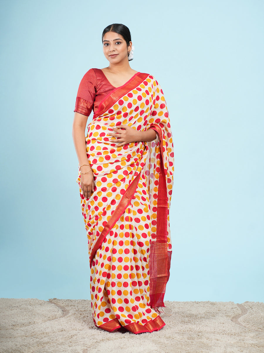 Ivory Vegan Silk polka-dot print saree, drape and fall – Koshnika