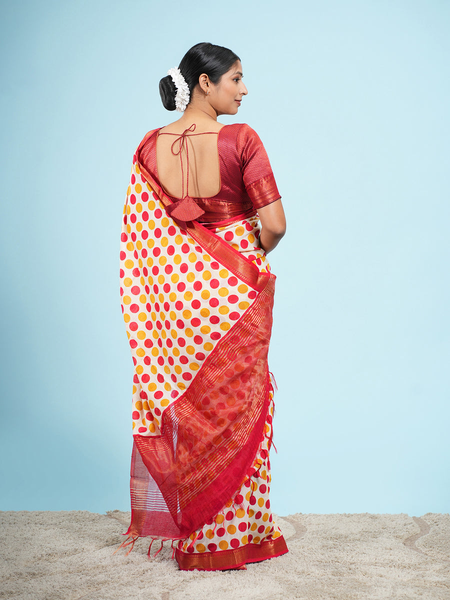 Ivory Vegan Silk polka-dot print saree, dot pattern close-up – Koshnika